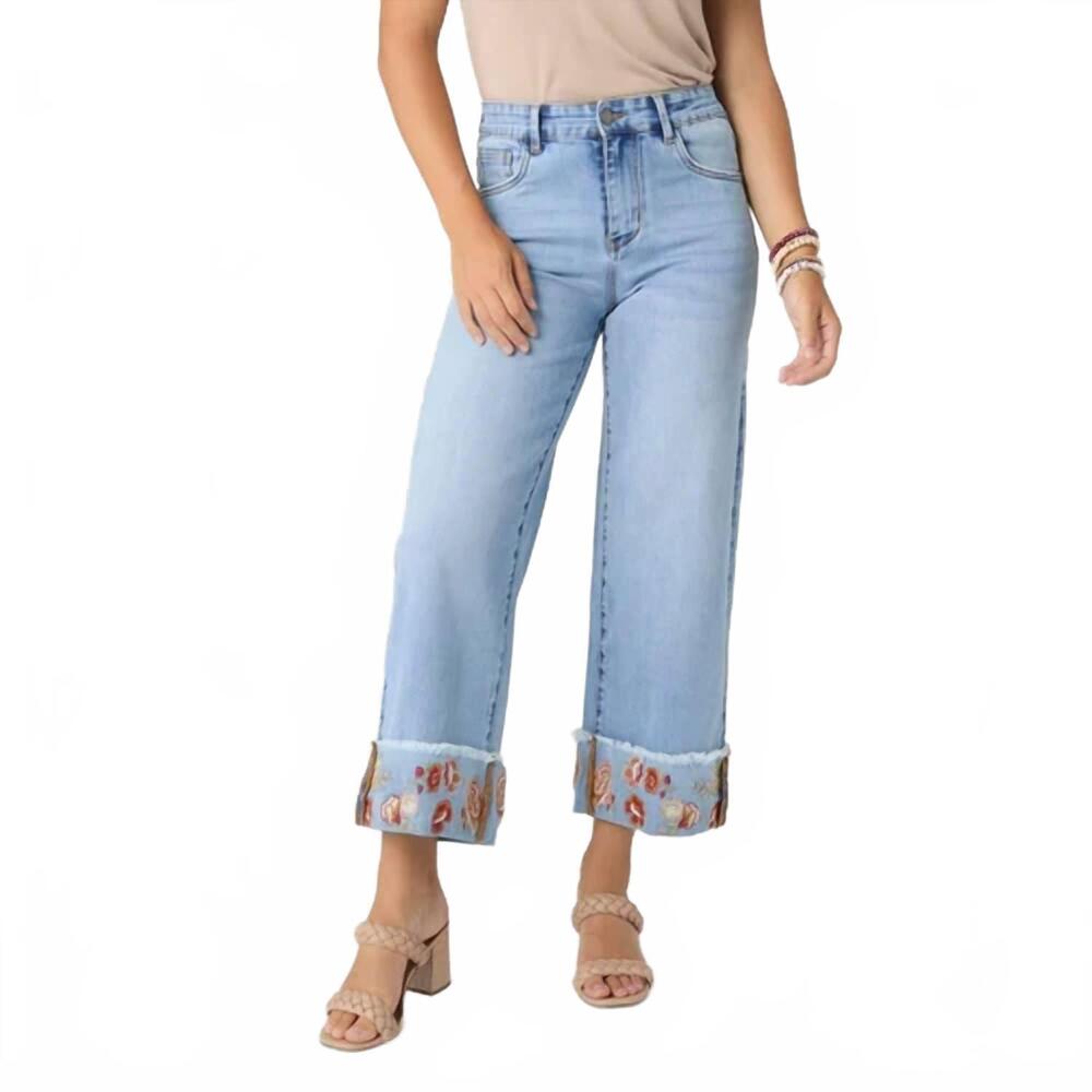 NEW COCO + CARMEN women's everstretch wide leg crop with embroidered cuff jeans